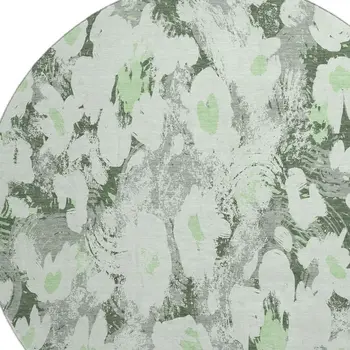 8' Fern Green Gray And Ivory Floral Washable Round Rug With UV Protection