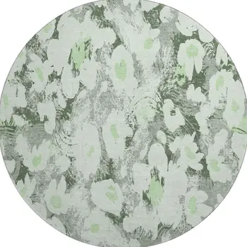 8' Fern Green Gray And Ivory Floral Washable Round Rug With UV Protection