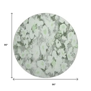 8' Fern Green Gray And Ivory Floral Washable Round Rug With UV Protection