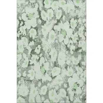 9' X 12' Fern Green Gray And Ivory Floral Washable Area Rug With UV Protection
