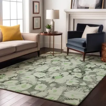 10' X 14' Fern Green Gray And Ivory Floral Washable Area Rug With UV Protection