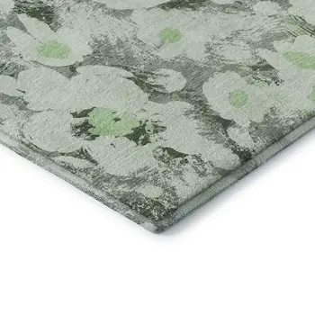 10' X 14' Fern Green Gray And Ivory Floral Washable Area Rug With UV Protection