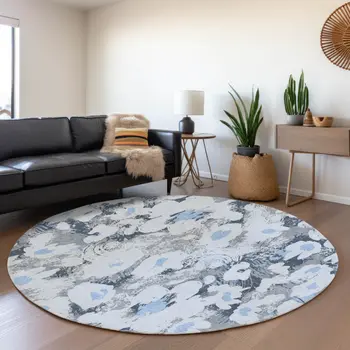 8' Denim Blue Gray And Ivory Floral Washable Round Rug With UV Protection