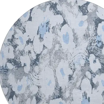 8' Denim Blue Gray And Ivory Floral Washable Round Rug With UV Protection