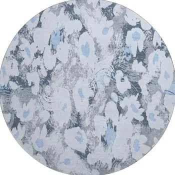 8' Denim Blue Gray And Ivory Floral Washable Round Rug With UV Protection