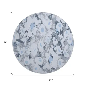 8' Denim Blue Gray And Ivory Floral Washable Round Rug With UV Protection