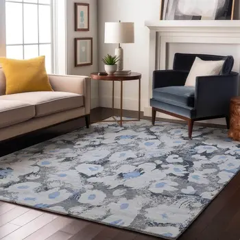9' X 12' Denim Blue Gray And Ivory Floral Washable Area Rug With UV Protection