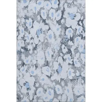 9' X 12' Denim Blue Gray And Ivory Floral Washable Area Rug With UV Protection