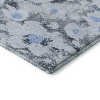 9' X 12' Denim Blue Gray And Ivory Floral Washable Area Rug With UV Protection
