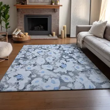9' X 12' Denim Blue Gray And Ivory Floral Washable Area Rug With UV Protection