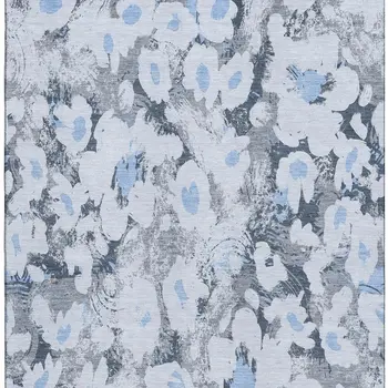 9' X 12' Denim Blue Gray And Ivory Floral Washable Area Rug With UV Protection