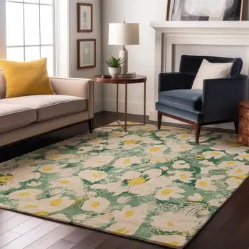 5' X 8' Green Yellow And Ivory Floral Washable Area Rug With UV Protection