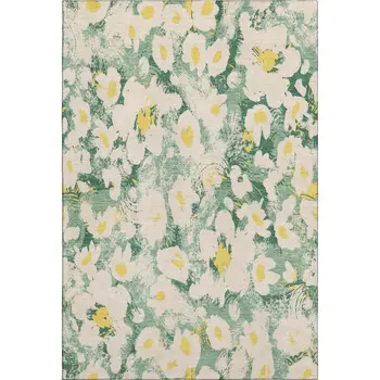 5' X 8' Green Yellow And Ivory Floral Washable Area Rug With UV Protection