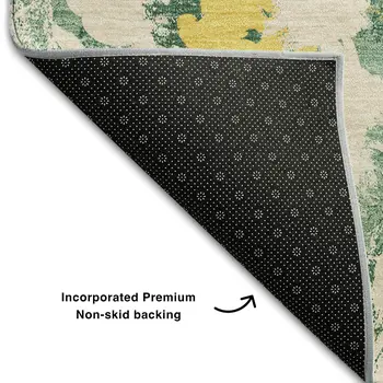 5' X 8' Green Yellow And Ivory Floral Washable Area Rug With UV Protection