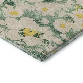 5' X 8' Green Yellow And Ivory Floral Washable Area Rug With UV Protection