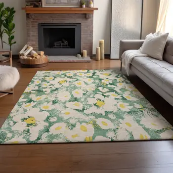 5' X 8' Green Yellow And Ivory Floral Washable Area Rug With UV Protection