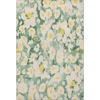 5' X 8' Green Yellow And Ivory Floral Washable Area Rug With UV Protection