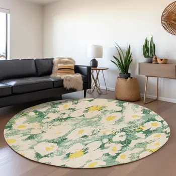 8' Green Yellow And Ivory Floral Washable Round Rug With UV Protection