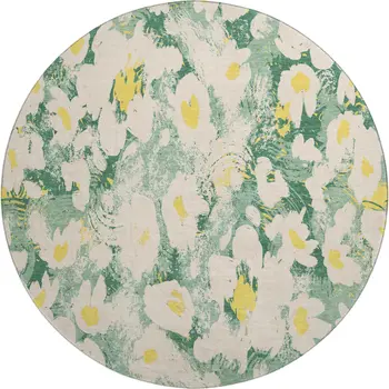 8' Green Yellow And Ivory Floral Washable Round Rug With UV Protection