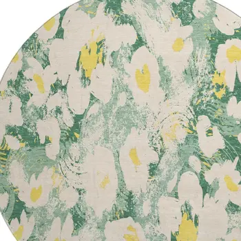 8' Green Yellow And Ivory Floral Washable Round Rug With UV Protection