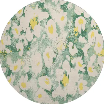 8' Green Yellow And Ivory Floral Washable Round Rug With UV Protection