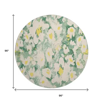 8' Green Yellow And Ivory Floral Washable Round Rug With UV Protection