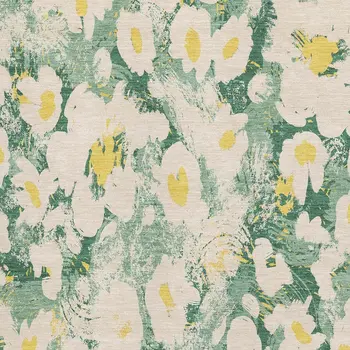 8' X 10' Green Yellow And Ivory Floral Washable Area Rug With UV Protection