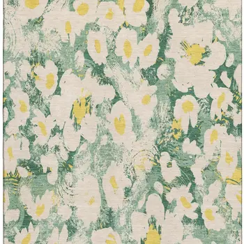 9' X 12' Green Yellow And Ivory Floral Washable Area Rug With UV Protection
