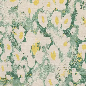 10' X 14' Green Yellow And Ivory Floral Washable Area Rug With UV Protection