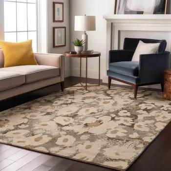3' X 5' Khaki Gray And Ivory Floral Washable Area Rug With UV Protection