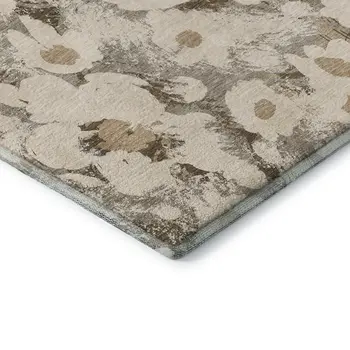 3' X 5' Khaki Gray And Ivory Floral Washable Area Rug With UV Protection