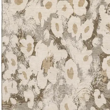 5' X 8' Khaki Gray And Ivory Floral Washable Area Rug With UV Protection