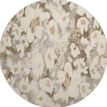 8' Khaki Gray And Ivory Floral Washable Round Rug With UV Protection
