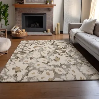 9' X 12' Khaki Gray And Ivory Floral Washable Area Rug With UV Protection