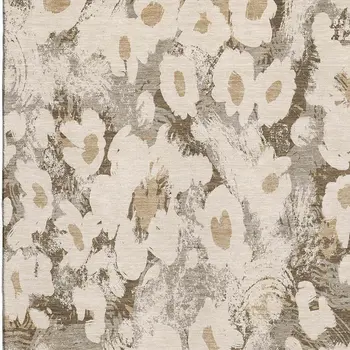 10' X 14' Khaki Gray And Ivory Floral Washable Area Rug With UV Protection