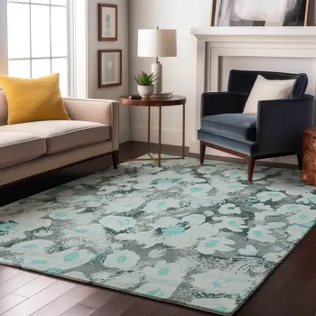 3' X 5' Teal Gray And Ivory Floral Washable Area Rug With UV Protection