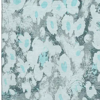3' X 5' Teal Gray And Ivory Floral Washable Area Rug With UV Protection