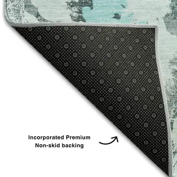 5' X 8' Teal Gray And Ivory Floral Washable Area Rug With UV Protection