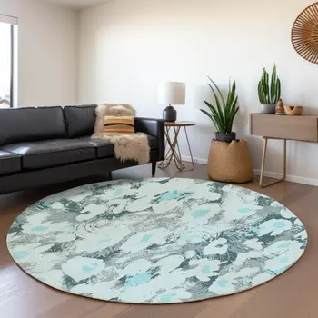 8' Teal Gray And Ivory Floral Washable Round Rug With UV Protection