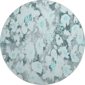 8' Teal Gray And Ivory Floral Washable Round Rug With UV Protection
