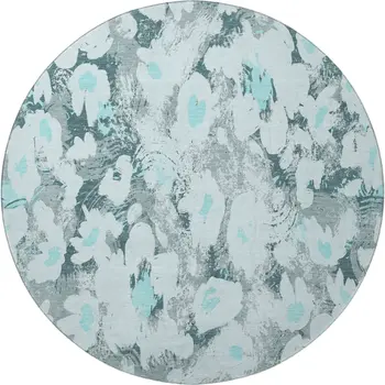 8' Teal Gray And Ivory Floral Washable Round Rug With UV Protection