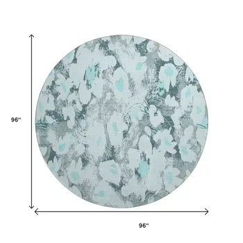 8' Teal Gray And Ivory Floral Washable Round Rug With UV Protection