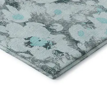 8' X 10' Teal Gray And Ivory Floral Washable Area Rug With UV Protection