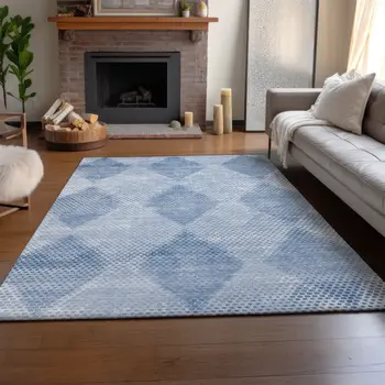 3' X 5' Blue And Ivory Geometric Washable Area Rug With UV Protection