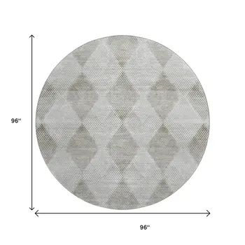 8' Gray And Ivory Geometric Washable Round Rug With UV Protection