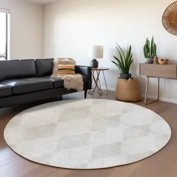 8' Ivory And Silver Geometric Washable Round Rug With UV Protection