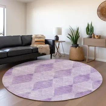 8' Lavender And Ivory Geometric Washable Round Rug With UV Protection