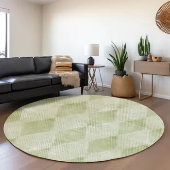 8' Mint Green And Ivory Geometric Washable Round Rug With UV Protection