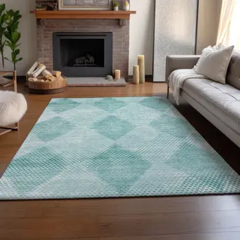 3' X 5' Teal And Ivory Geometric Washable Area Rug With UV Protection