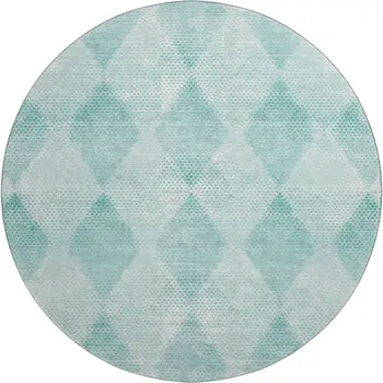 8' Teal And Ivory Geometric Washable Round Rug With UV Protection
